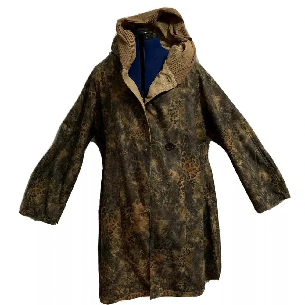 LINDI Women's Size Large Reversible Jacket‎ Coat Hooded Brown Animal Print